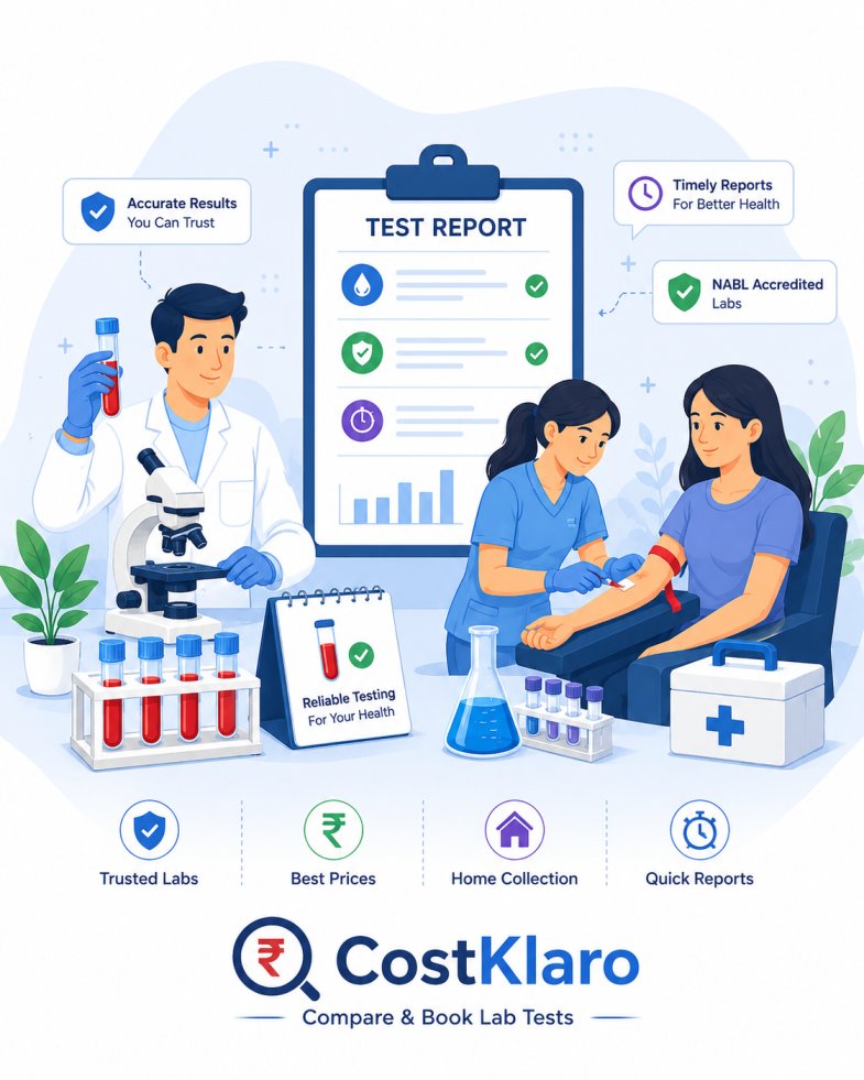 Illustration of blood testing, diagnostic laboratory services, and medical test comparison by CostKlaro.